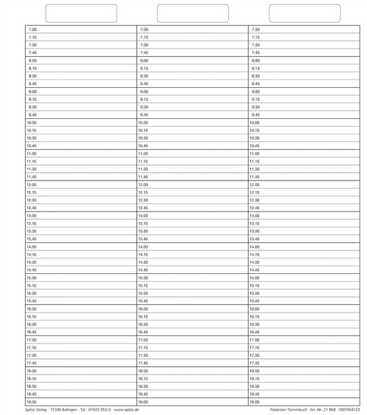 Einlageblatt Patienten-Terminbuch mit Uhrzeit